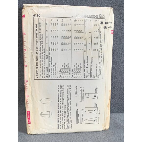 Simplicity Printed Pattern 6190 Misses Skirt Waist 26 Hip 36 Vintage Sewing Patt - Picture 2 of 2